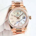 Swiss Clone Rolex Day Date 36 Rose Gold White MOP Baguette Diamond Watch